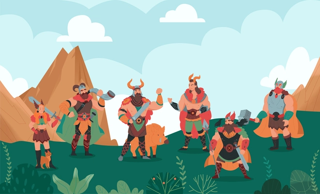 Scandinavian landscape with norse gods cartoon characters armed with swords color background flat vector illustration