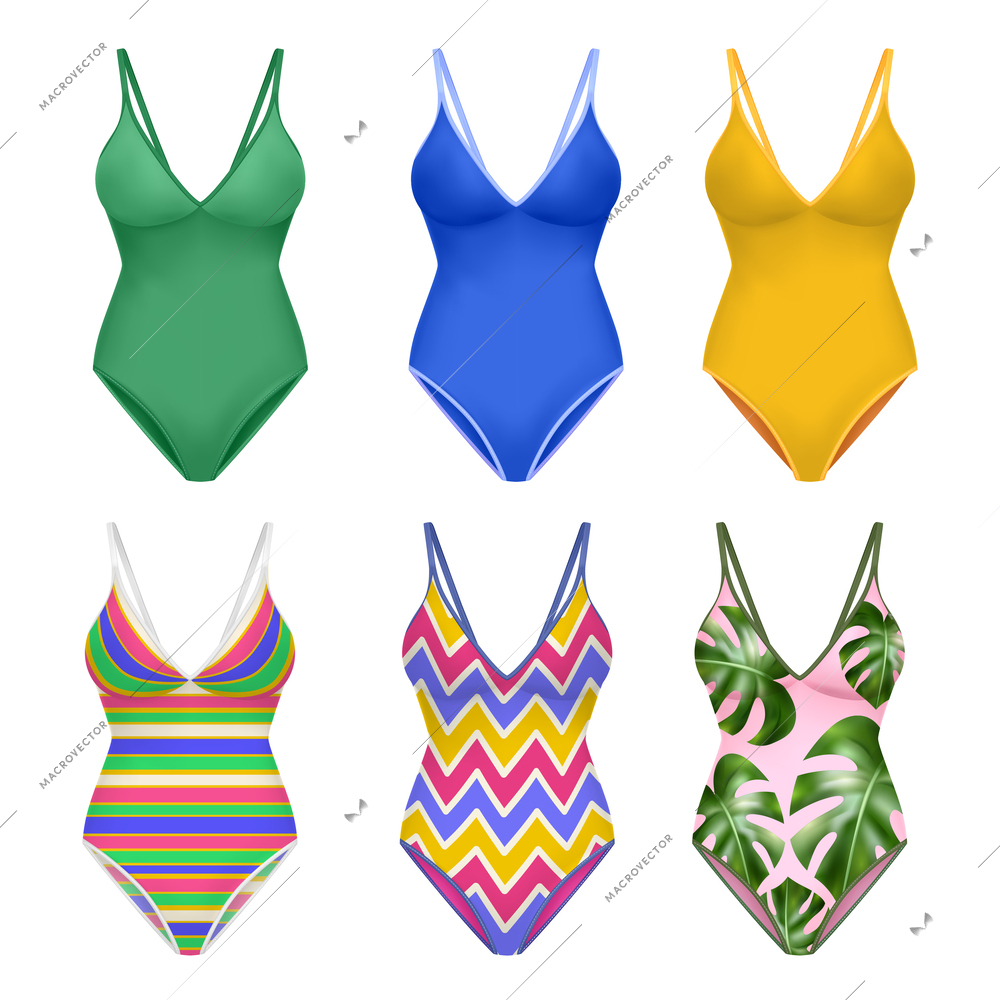 Collection of female solid swimsuits realistic color set isolated at white background vector illustration