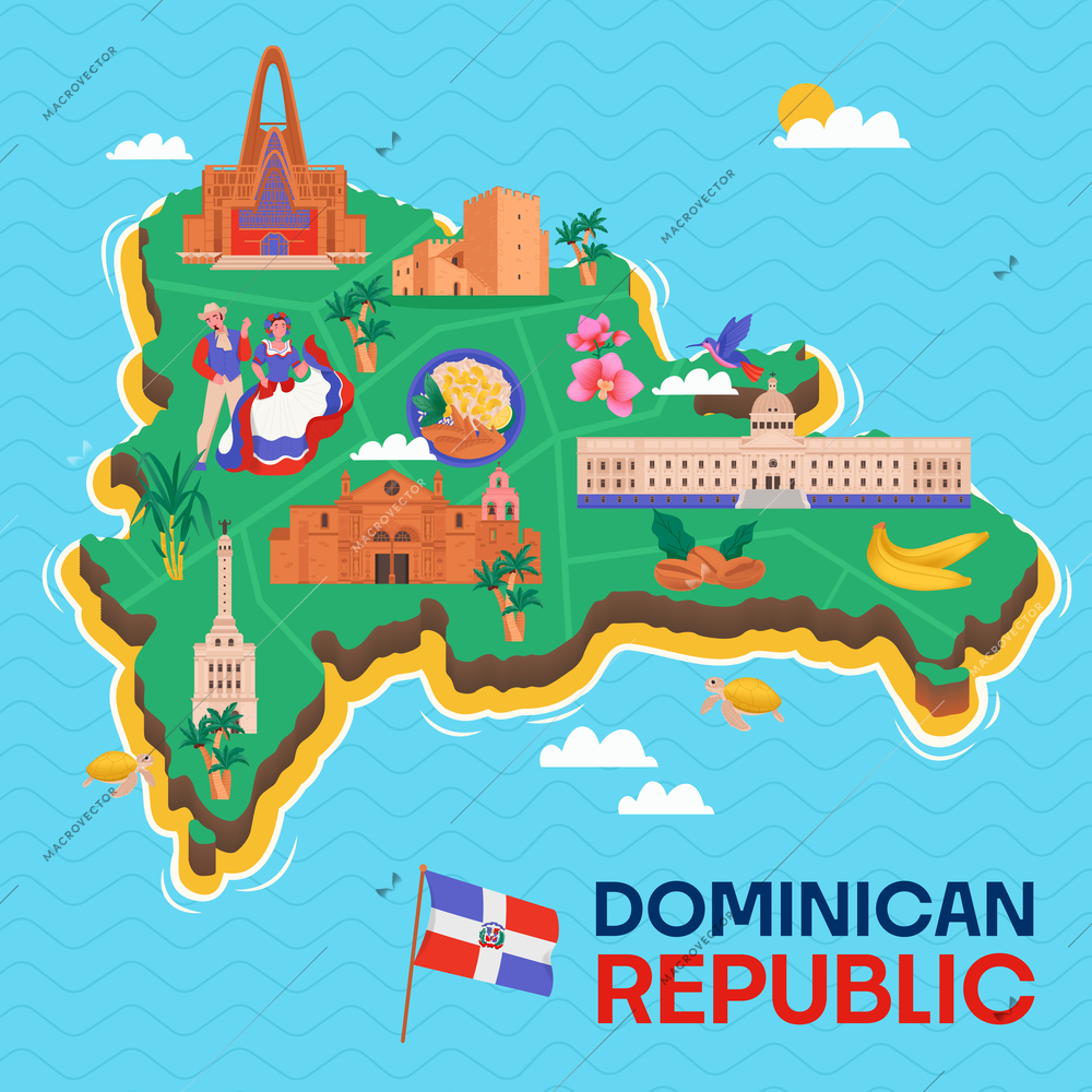 Dominican republic blue background with green island map with landmarks flat cartoon vector illustration