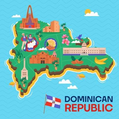 Dominican republic blue background with green island map with landmarks flat cartoon vector illustration