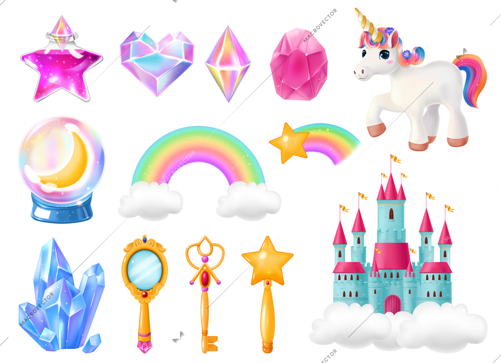 Realistic cartoon magic objects collection including crystal rainbow unicorn magic staff fairytale castle isolated vector illustration