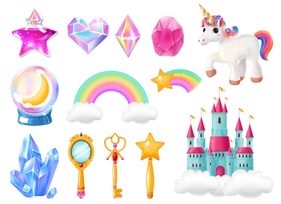 Realistic cartoon magic objects collection including crystal rainbow unicorn magic staff fairytale castle isolated vector illustration