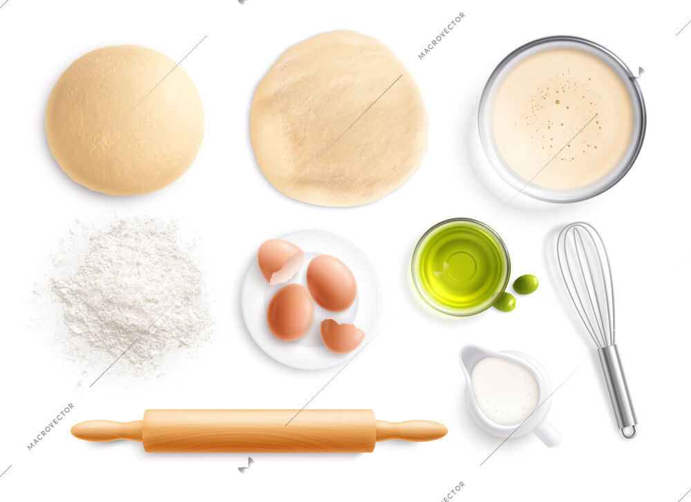 Bakery set with realistic top view images of essential ingredients and kitchen tools for cooking session vector illustration