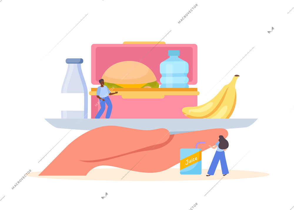 Lunch box flat composition with human hand holding tray with meals and people on blank background vector illustration