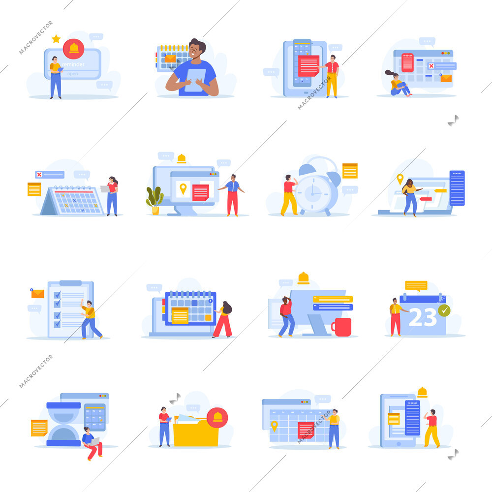 Set with isolated event planning flat icons of calendar apps to do lists planners and people vector illustration