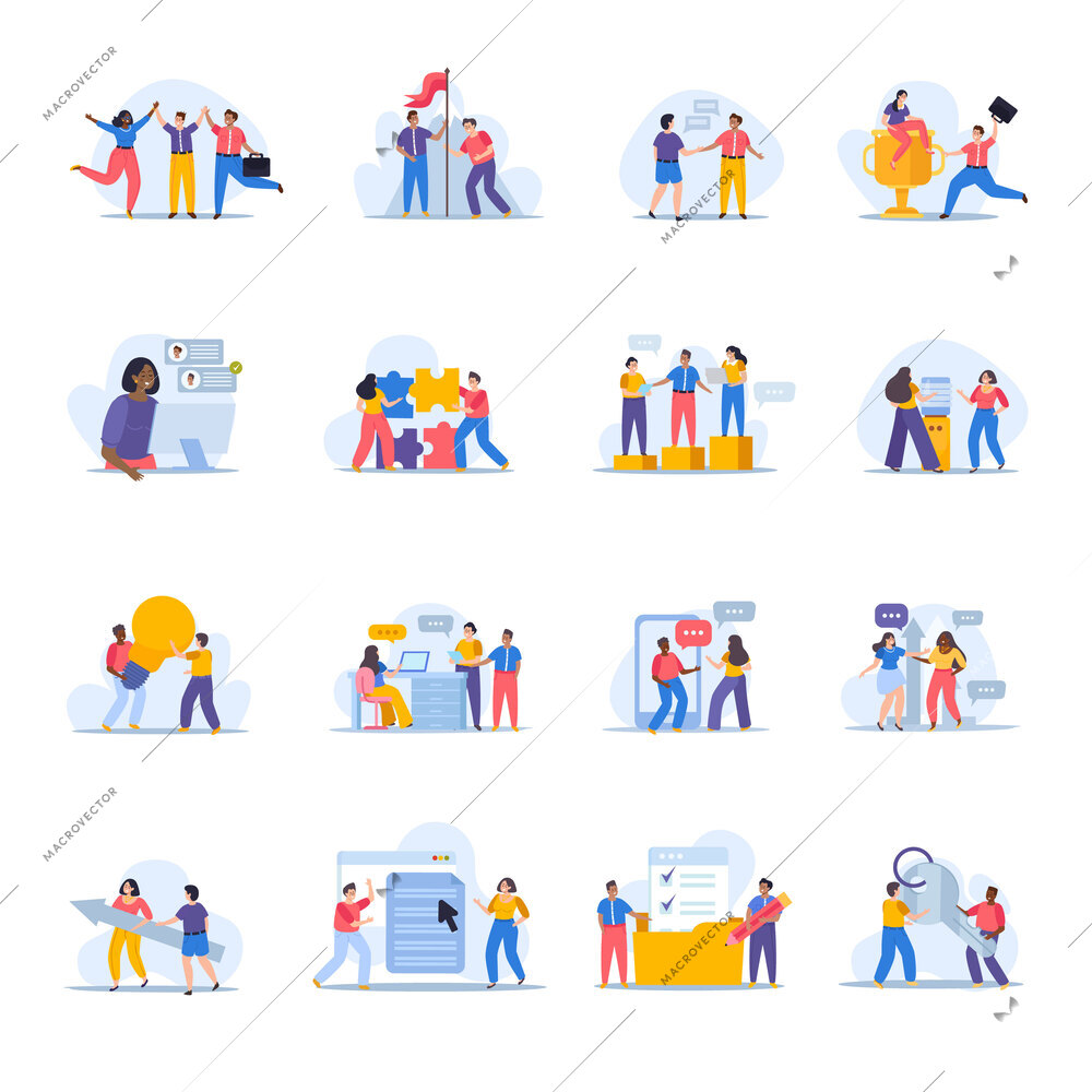 Corporate culture set with compositions of doodle human characters and flat icons of team communications interactions vector illustration