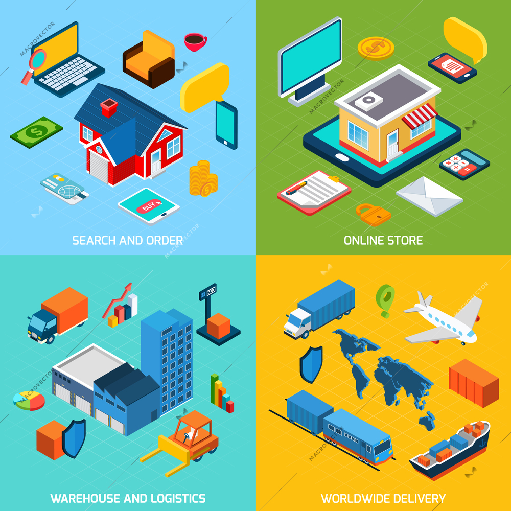 Online store and delivery design concept set with search order warehouse and logistics isometric icons isolated vector illustration