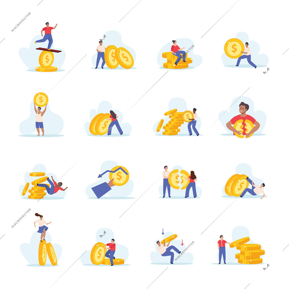 Financial instability set of flat isolated icons with doodle characters of distracted workers with falling coins vector illustration