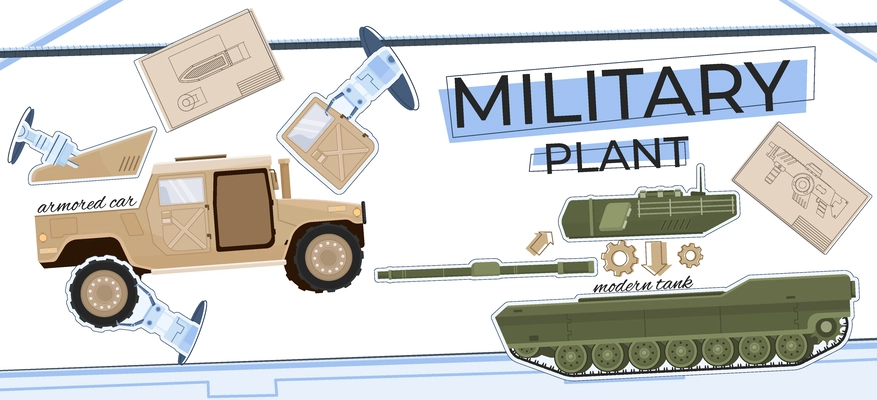 Military production flat collage representing components of modern tank and armored car vector illustration