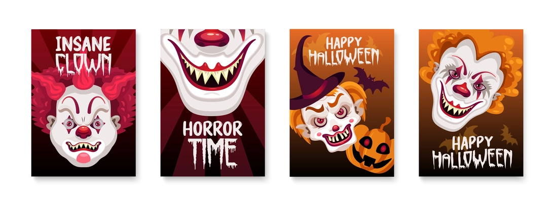 Clowns evil poster set with four vertical compositions of scary faces pumpkins bats and editable text vector illustration