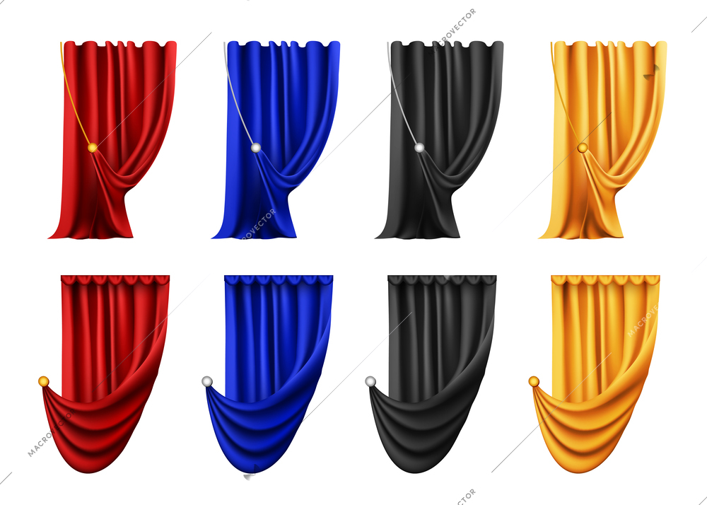 Realistic set of isolated curtain images of red blue black and gold colors on blank background vector illustration