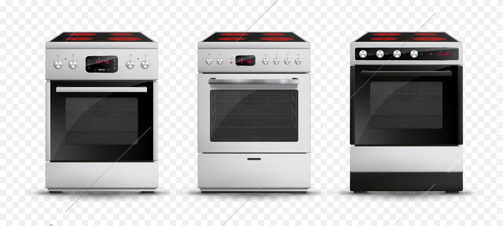 Realistic gas stove set of three isolated images on transparent background with modern style kitchen range vector illustration