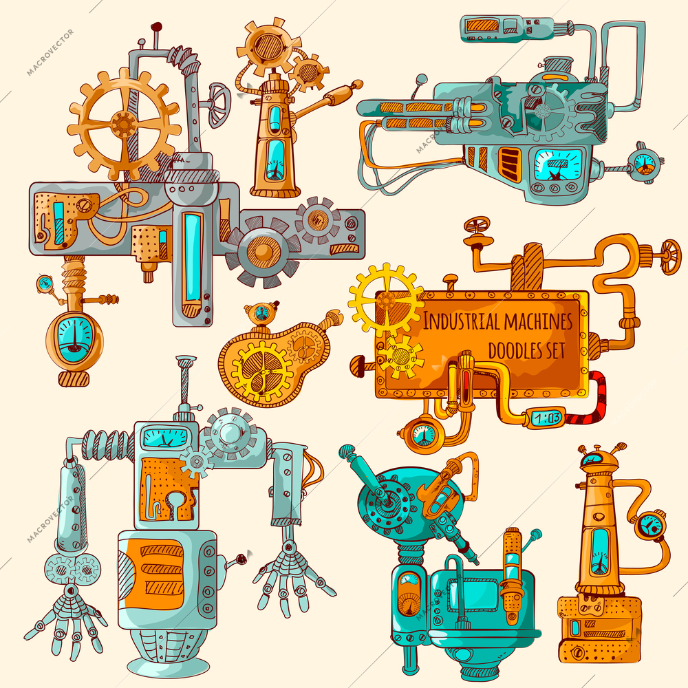 Industrial machines technically detailed doodles colored set isolated vector illustration