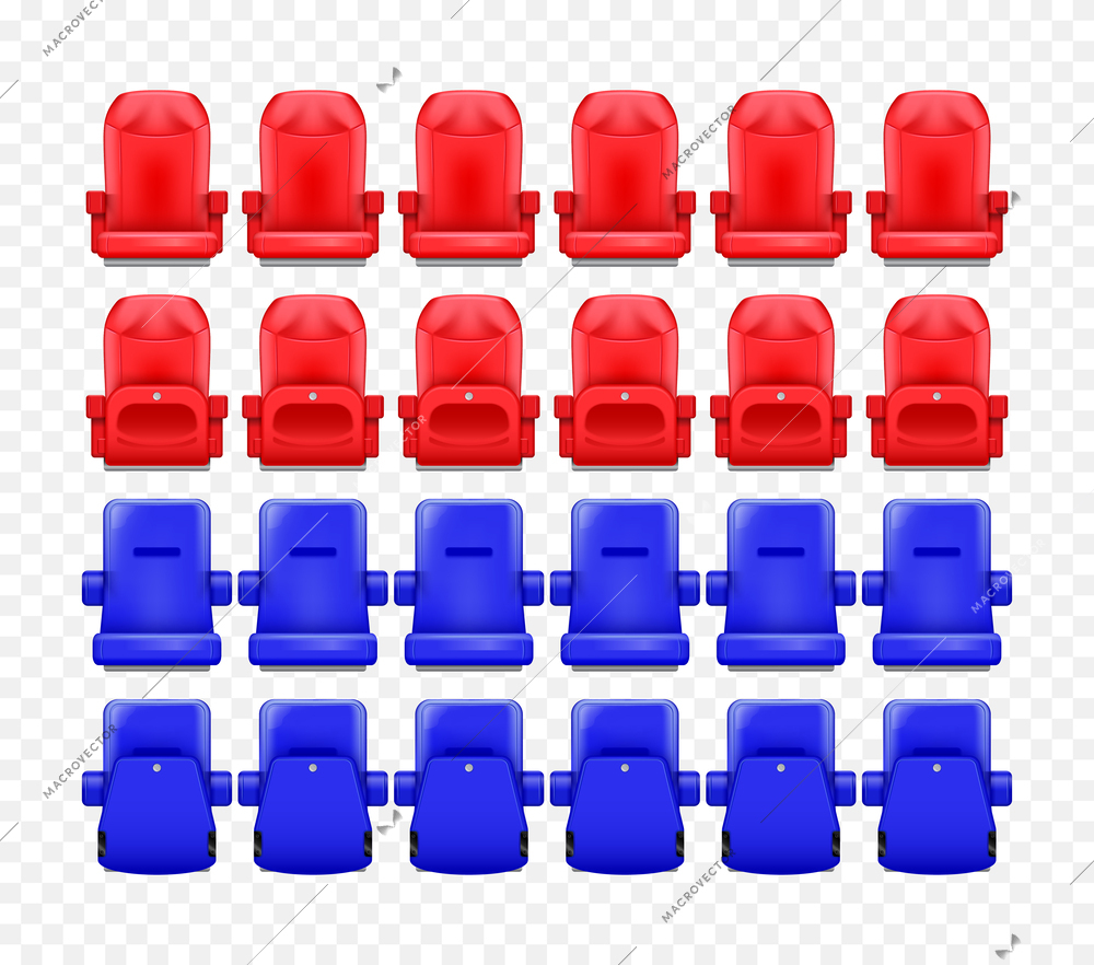 Realistic stadium tribune composition with isolated back and front views of blue and red plastic seats vector illustration