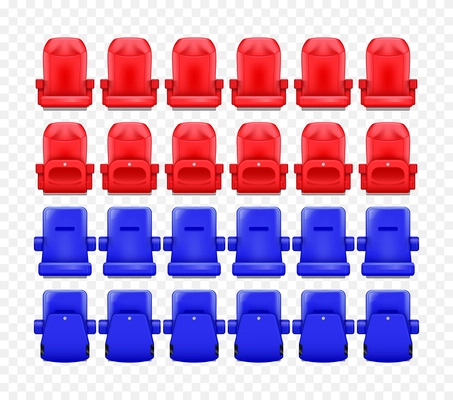 Realistic stadium tribune composition with isolated back and front views of blue and red plastic seats vector illustration