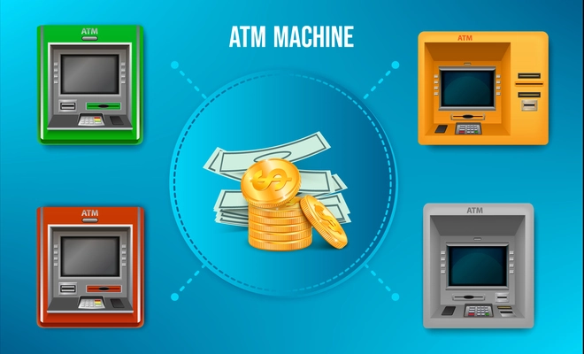 Realistic infographic with atm machines of different colours and cash in middle on blue background vector illustration