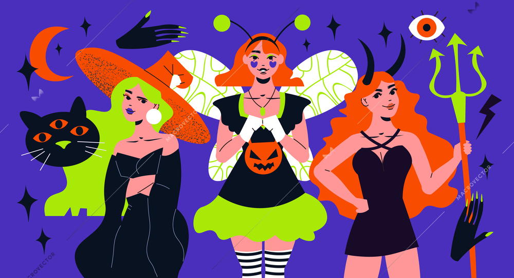 Girls wearing halloween costumes of devil fairy and witch flat composition with scary elements on blue background vector illustration