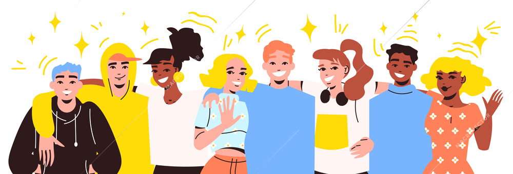 Group of happy hugging teenagers girls and boys flat vector illustration