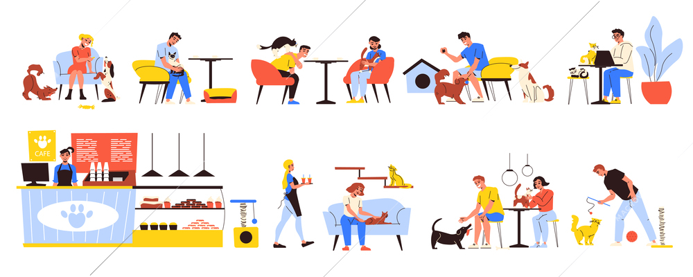 Pet cafe visitors communicating with cats and dogs flat set isolated vector illustration