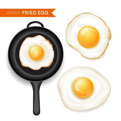 Realistic set of top view fried chicken eggs on frying pan and white background isolated vector illustration