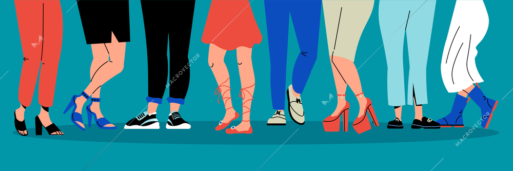 Female and male legs wearing trendy shoes on color background flat vector illustration