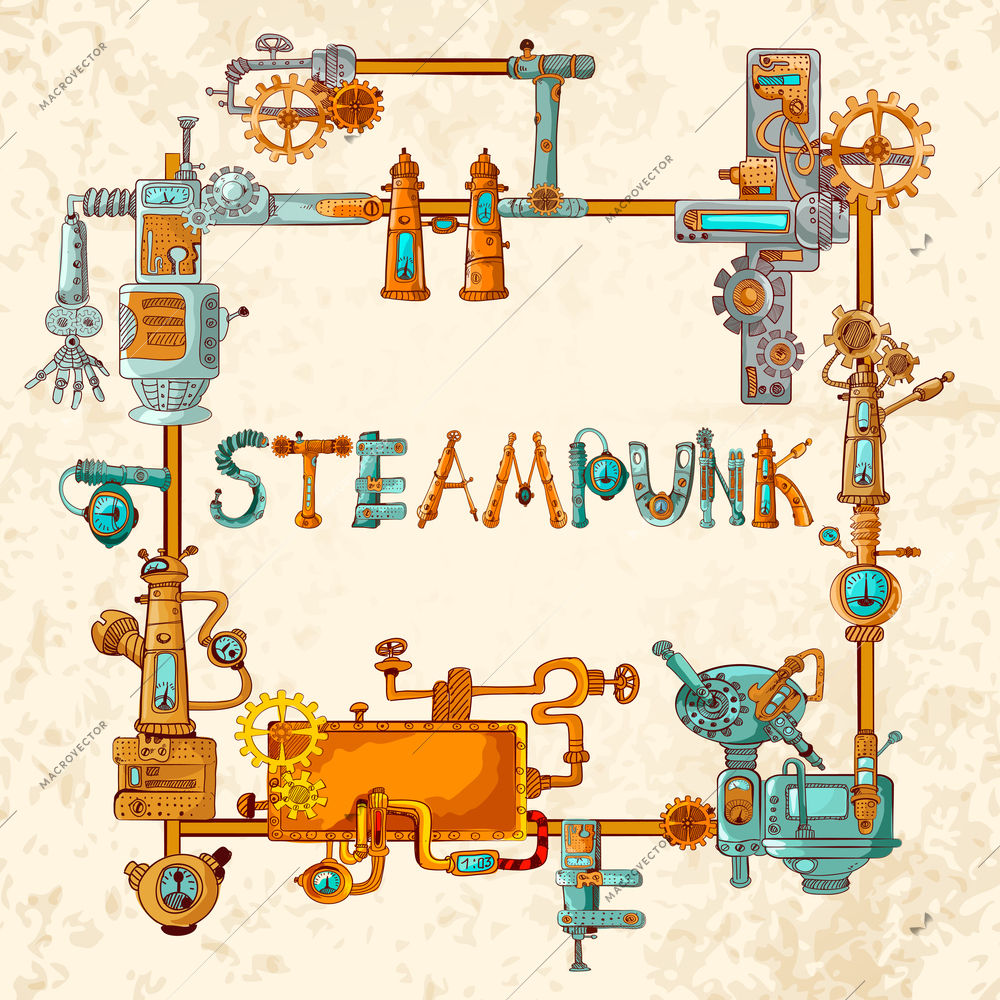 Steampunk frame with industrial machines gears chains and technical elements vector illustration