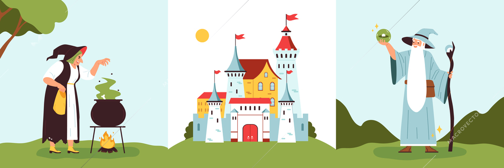Kingdom set of three square compositions with outdoor landscapes characters of witch wizard and castle buildings vector illustration