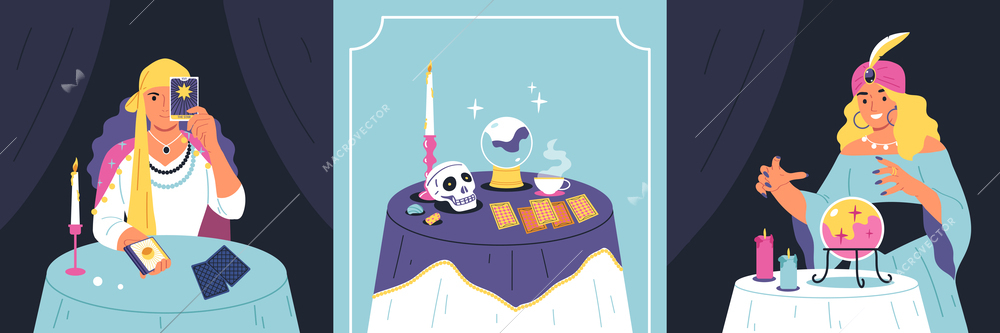 Fortune telling set with tarot and esoterics symbols flat isolated vector illustration