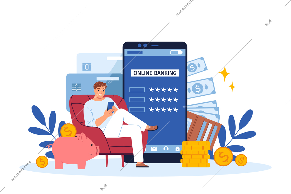 Bank composition with male doodle character of client sitting with smartphone piggy bank cards and banknotes vector illustration