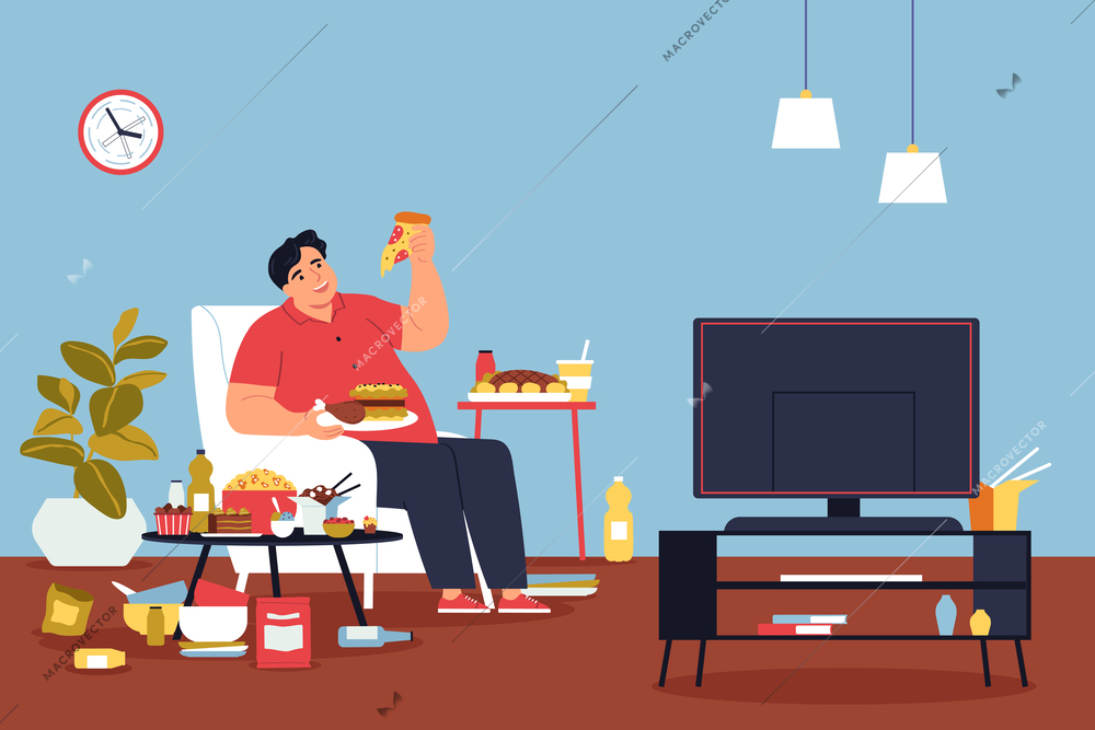 Addiction composition with indoor loving room scenery and fat man eating junk food in front of tv