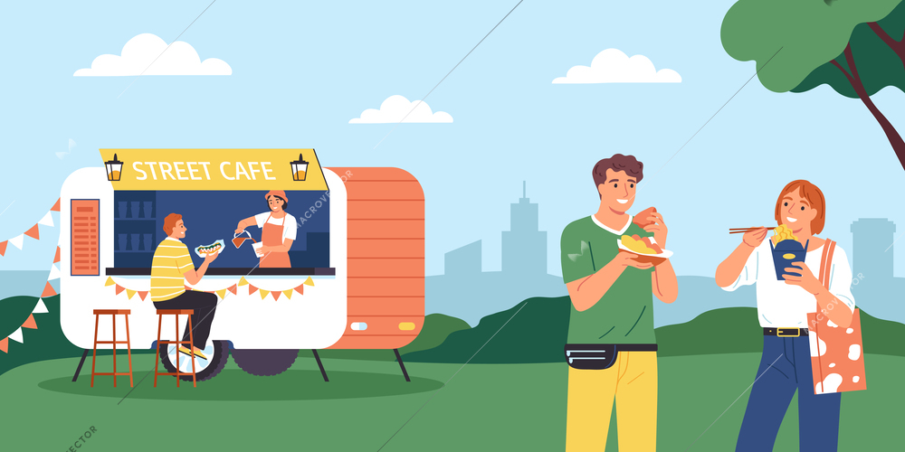 Street food composition with summer scenery and view of trailer stall selling cafe meals with people vector illustration