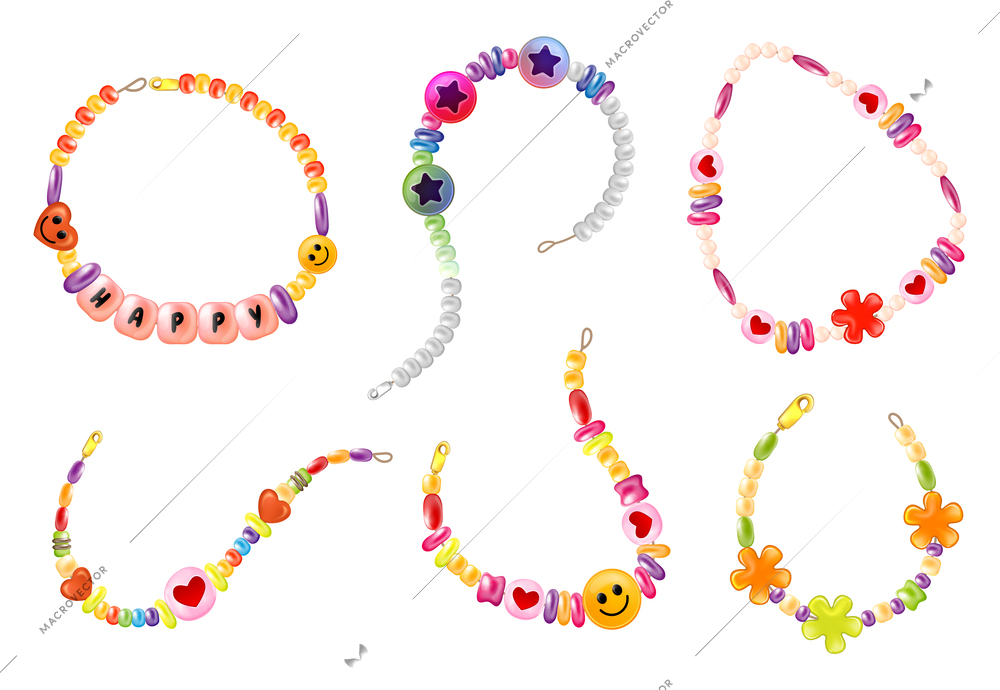 Realistic bracelet set with isolated images of colorful love beads with string snaps on blank background vector illustration