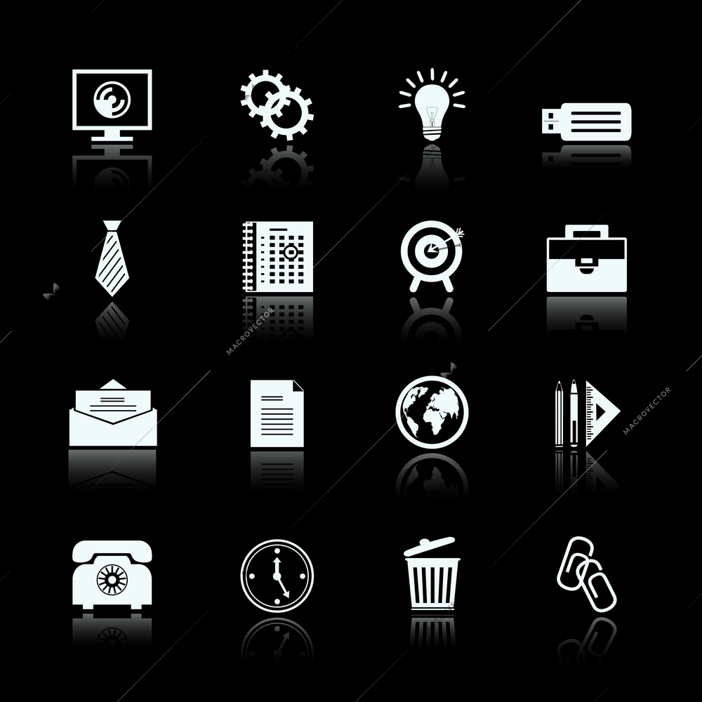 Business office supplies pictograms set of cogs and gears trash bin and computer screen vector illustration