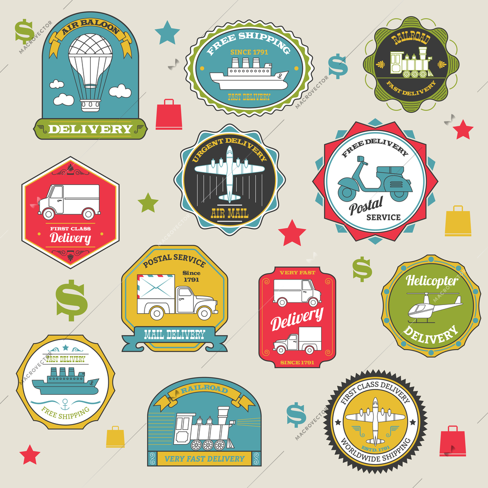 Delivery emblems colored paper shipping stickers set isolated vector illustration