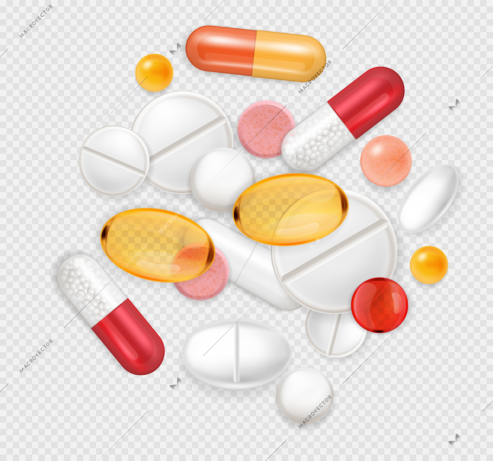 Realistic pills capsules composition with bunch of medical drugs vitamins and nutritional supplements on transparent background vector illustration