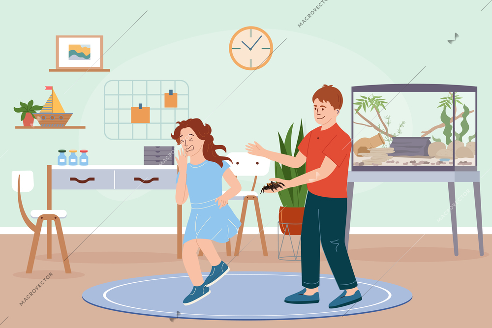 People with exotic pets flat composition with indoor scenery and teenage girl scared of boys spider vector illustration