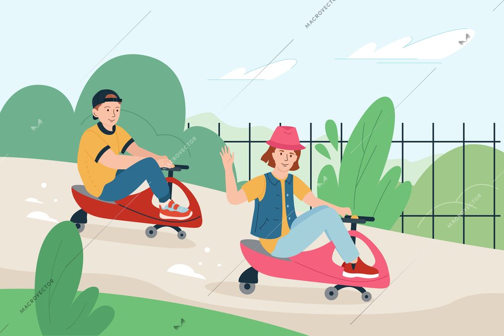 Children toy vehicles flat composition with outdoor landscape and two teenage boys riding three wheeler skateboards vector illustration