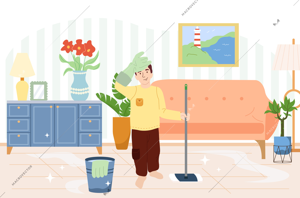 Household children helping flat composition with living room interior and tired boy just finished mopping floors vector illustration