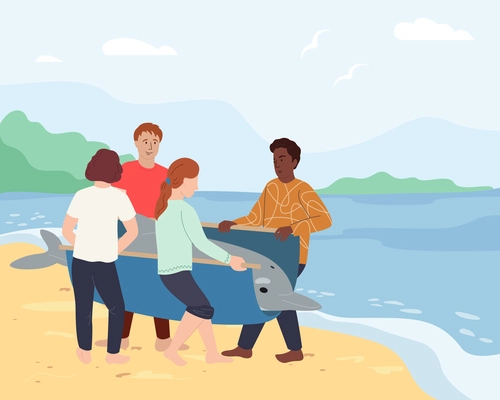 Animal activists flat background with sea beach scenery and four doodle human characters carrying dolphin together vector illustration