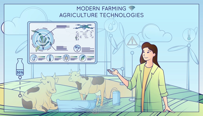 Modern farming agriculture technologies flat line composition with cows milking apparatus female character text and icons vector illustration