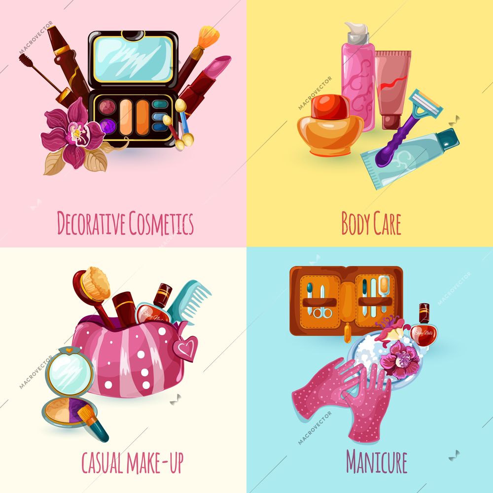 Cosmetics design concept set with casual make-up manicure body care icons isolated vector illustration