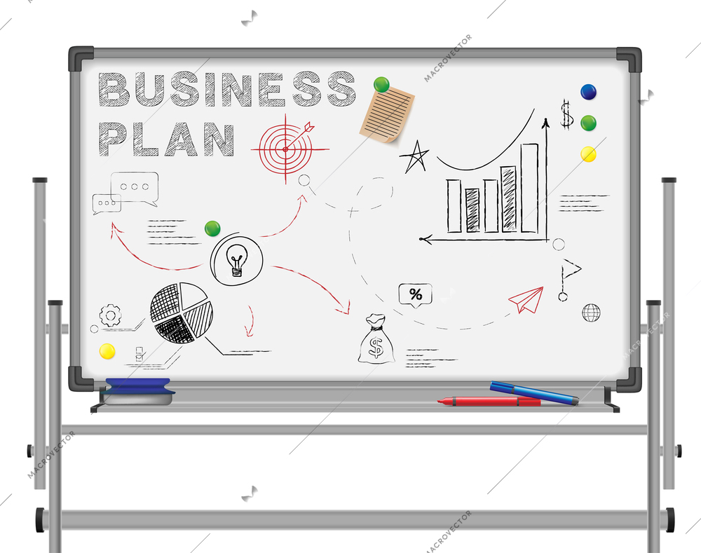 Office boards realistic set with isolated front view of folding aluminum frame with pen images and text vector illustration