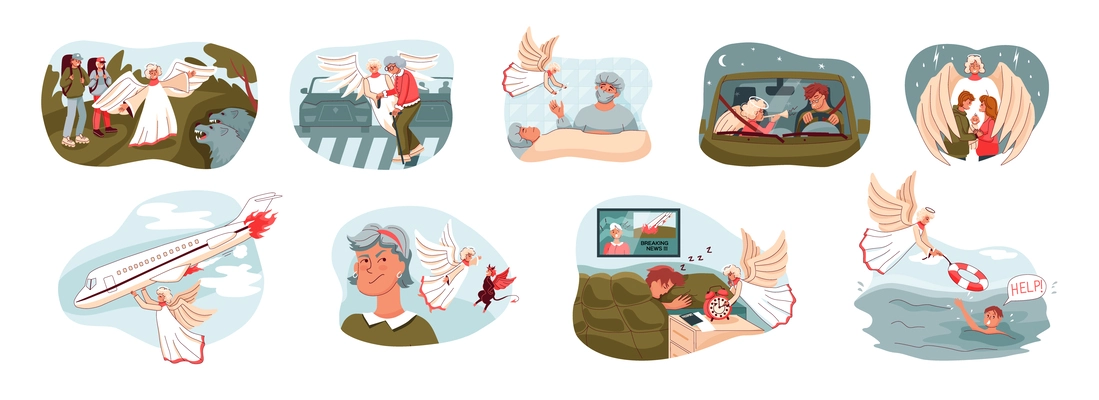 Angel help flat set of people in various situations needing in support saving and health care isolated vector illustration