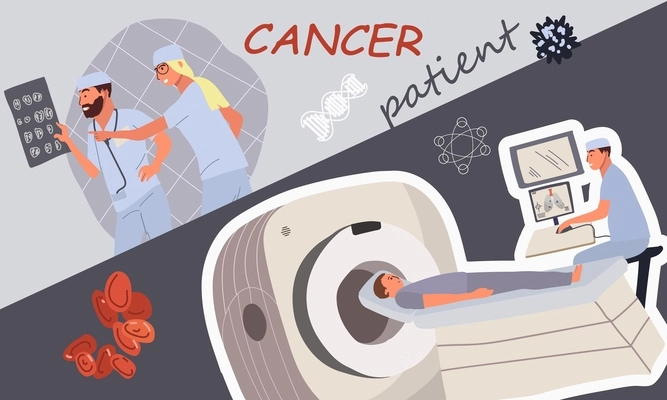 Cancer patient oncology composition with ornate text and collage of flat images scanner doctors and patient vector illustration