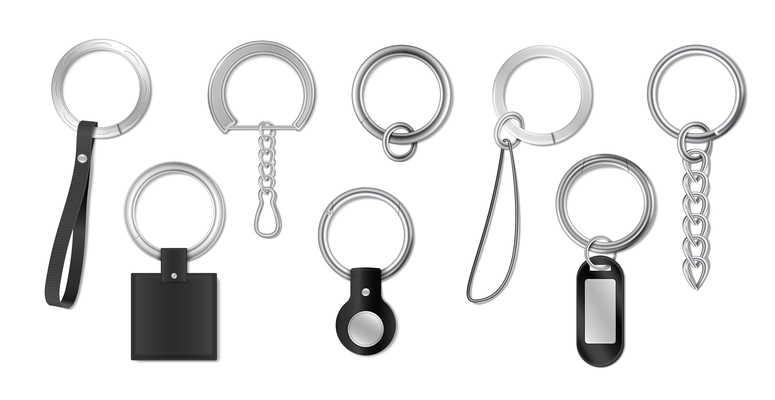 Keychain keyring holder trinket realistic set of isolated images with metal rings and chains for keys vector illustration