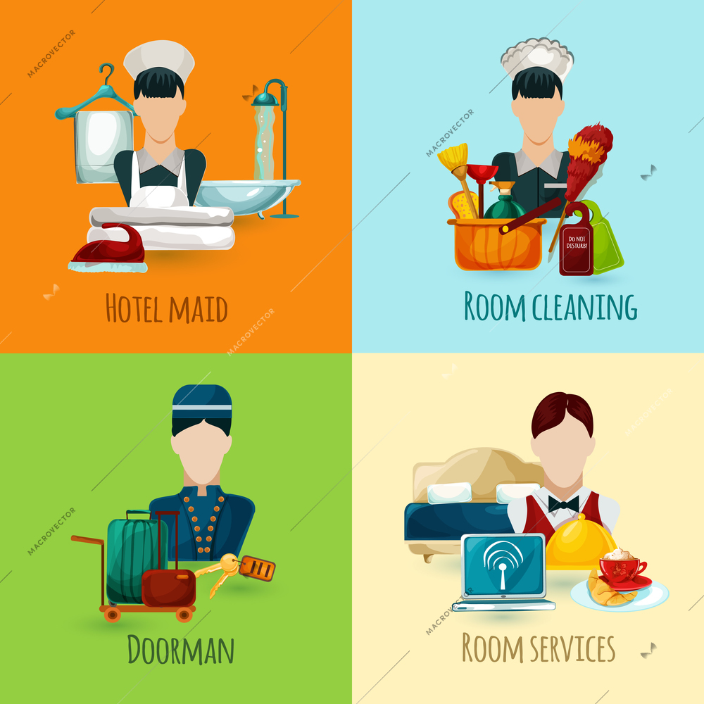 Hotel maid and doorman design concept set with room cleaning service icons isolated vector illustration