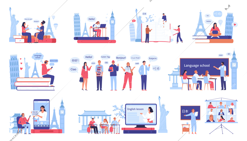 Language course set with icons of landmarks and books with human characters of students and teachers vector illustration