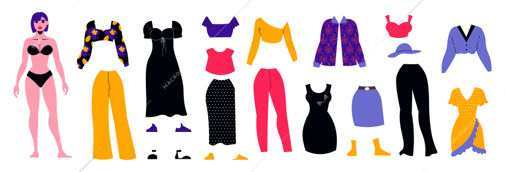 Paper doll clothes set with dress and jacket flat isolated vector illustration