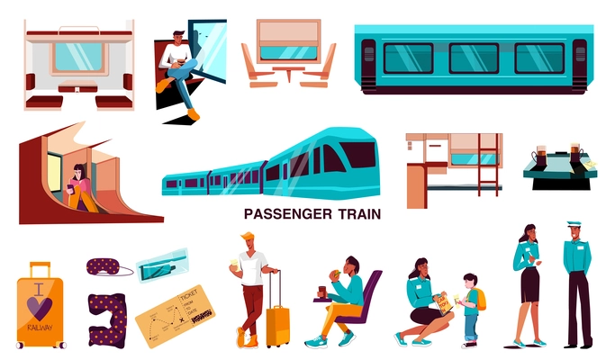 Passenger train flat set of traveling people with baggage waiting for a transport at station and sitting in wagon isolated vector illustration