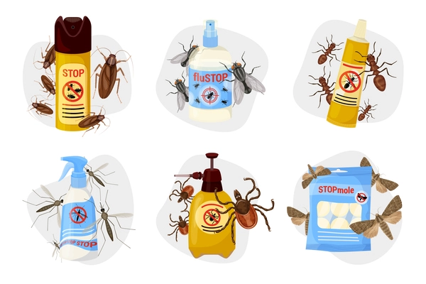 Harmful insects cartoon colored composition set remedies for different kinds of insects vector illustration